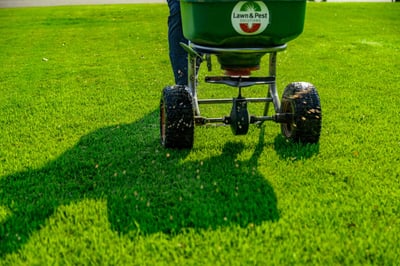 detail lawn care technician crew green grass spreader treatment granular fertilizer