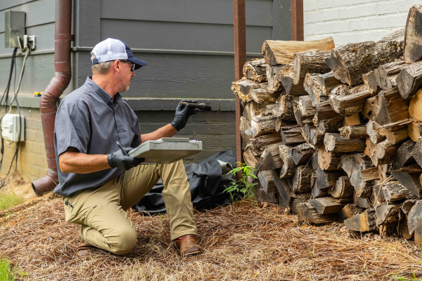 pest control tech crew fire wood pile inspection 2