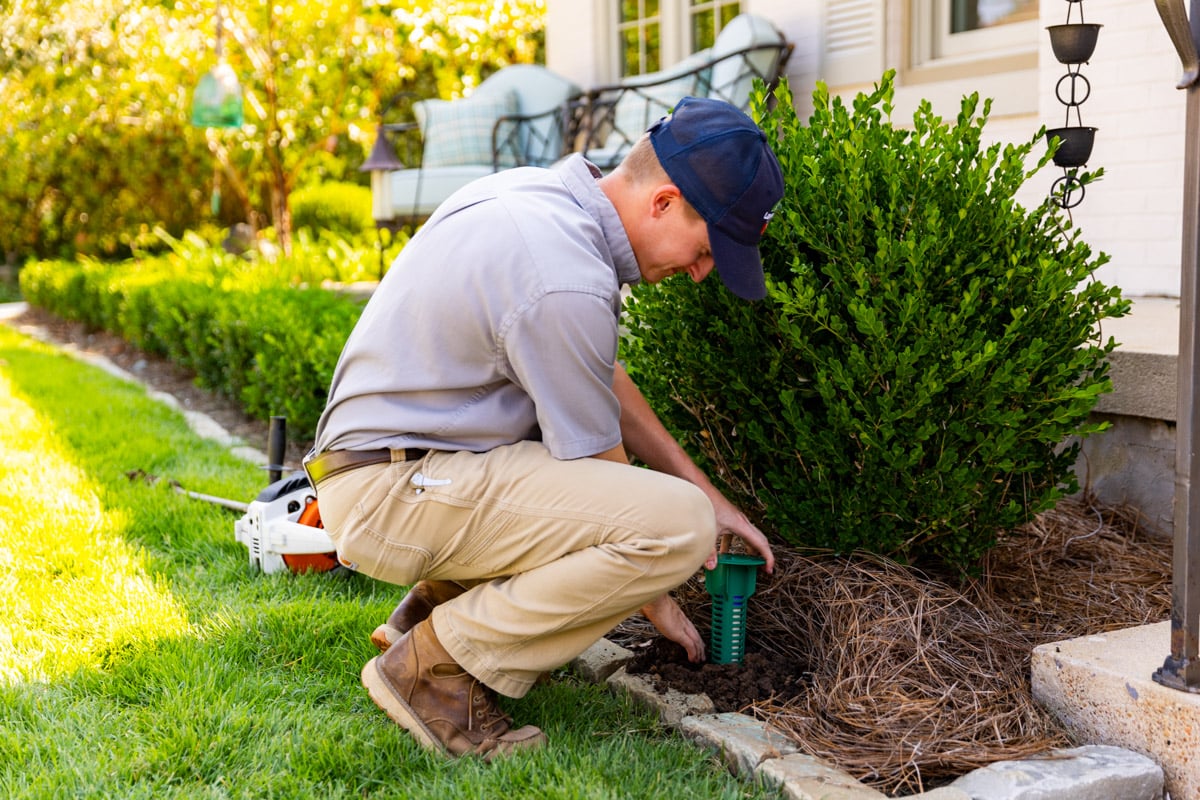 pest control technician drilling installing bait stations 3